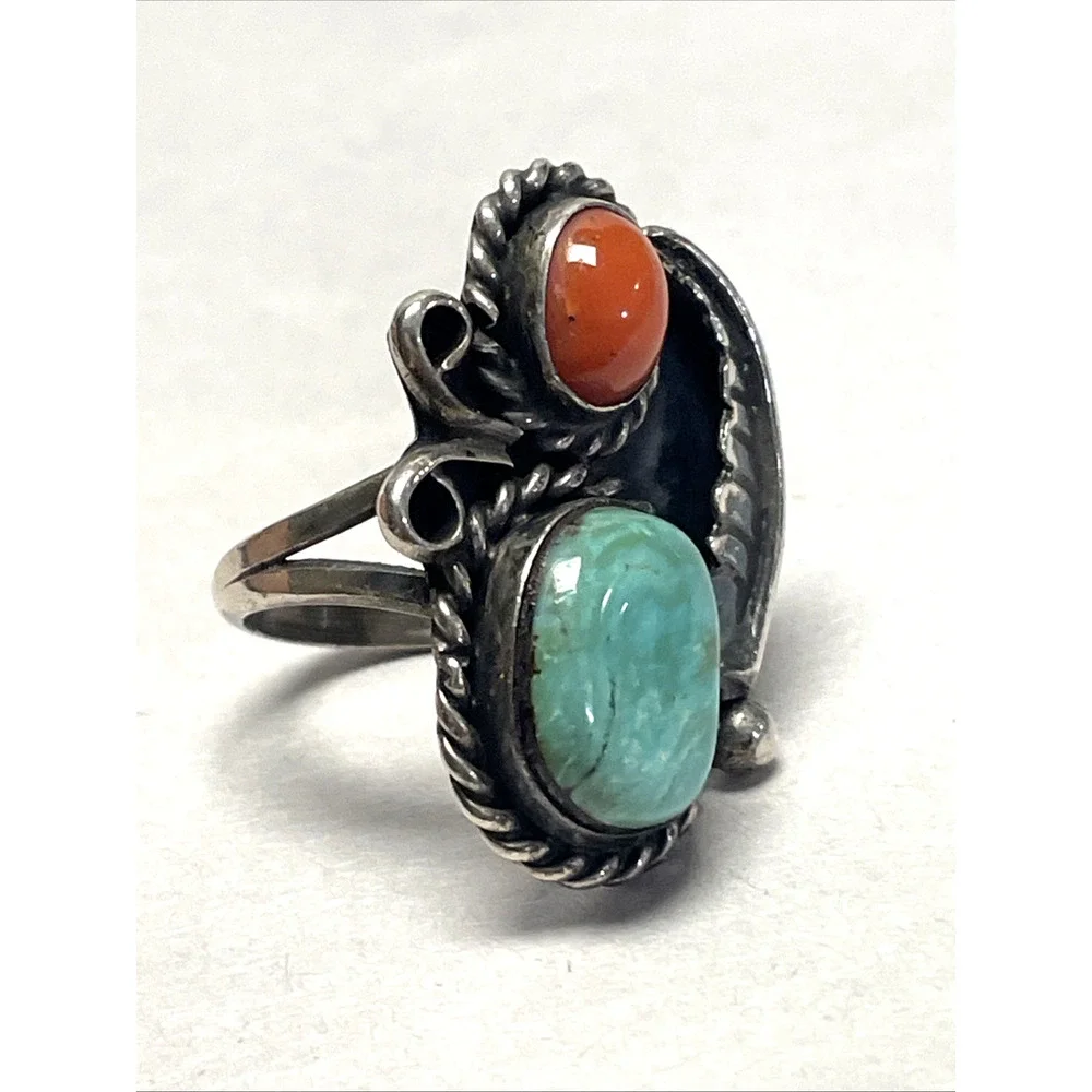 Vintage Native American Sterling Silver Turquoise Coral Ring Size 5